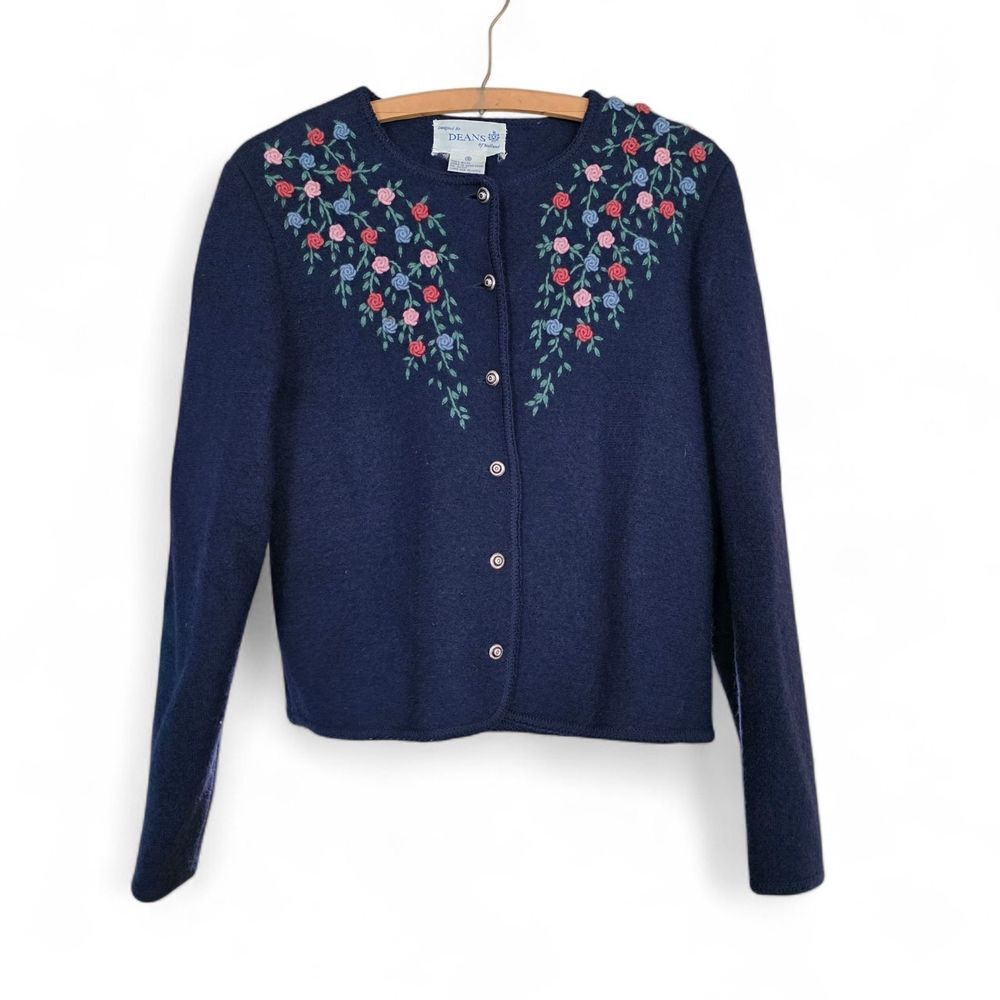 Vintage Deans Of Scotland Wool Floral Embroidered Cardigan S